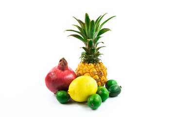 Group of exotic fruits together, bunch, assorted, on white isolated background