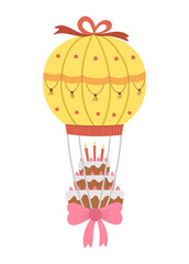 Cute vector cake with candles flying on colored hot air balloon with pink bow. Funny birthday dessert clipart for card, poster, print design. Bright holiday illustration for kids. .