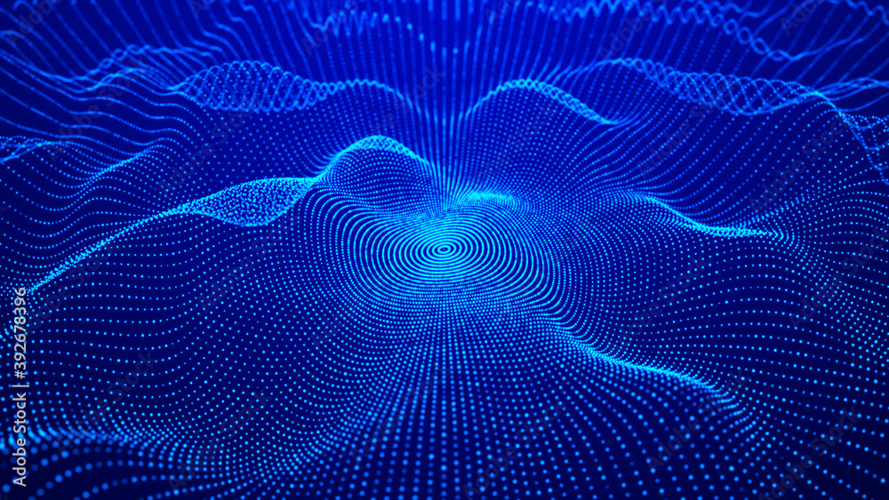 Poster abstract gradient dynamic wave of glowing particles. network of neon dots. big data. digital backgro