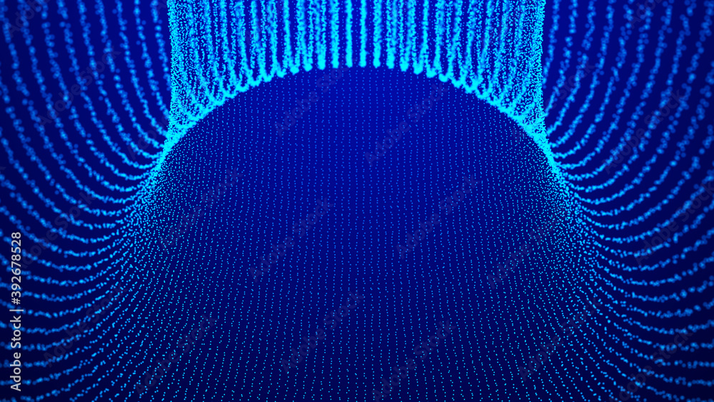 Poster abstract tunnel of dots. abstract gradient dynamic wave of glowing particles. network of neon dots. 