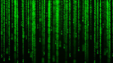 Matrix of random numbers. Flying numbers. Binary computer code. Abstract digital background. 3d rendering.