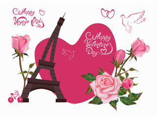 Festive composition for Valentine's Day or for a wedding. Pink roses, heart, Paris tower. Vector