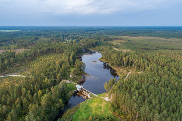 Aerial view of river among the forest. Summer nature landscape. Sunset.