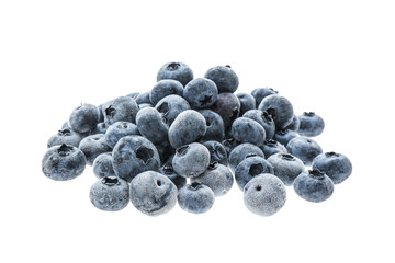 Heap of tasty frozen blueberries on white background