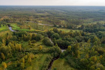 Aerial view of river among the forest. Summer nature landscape. Sunset.
