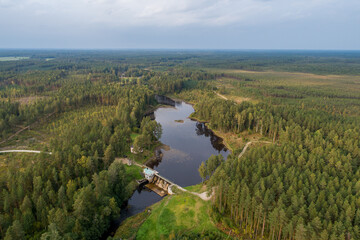 View of dam in forest, Estonia. Nature landscape. Summer.