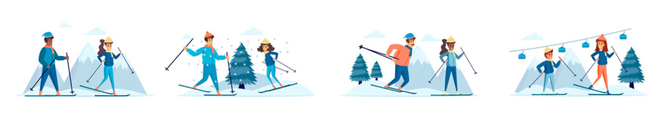 Winter sports activities bundle of scenes with people characters. Happy skiers and snowboarders having fun on ski resort conceptual situations. Wintertime holidays vacation cartoon vector illustration
