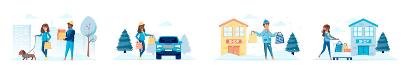 Winter season shopping bundle of scenes with people characters. Weekend family shopping, buyers with bags and carts conceptual situations. Wintertime holidays vacation cartoon vector illustration.