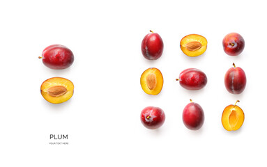 Creative layout made of plum on white background. Food concept. Macro concept.