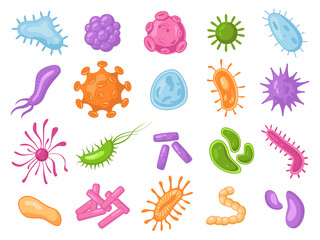 Set of angry bacteria, microbes and germs isolated. Vector biological viruses, oblong bacterial pathogen microbes. Color cartoon microorganisms, microscopic influenza, fever and coronavirus cells