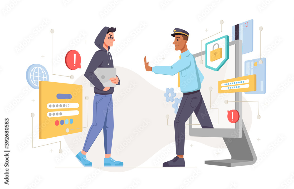 Wall mural hacker and cyber police officer isolated personal data protection and security. vector policeman sto