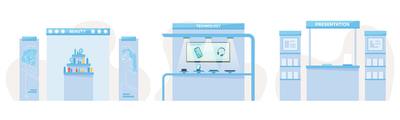 Expo exhibition stands of beauty, technology and books presentation booths set. Vector interior counters with cosmetics, demonstration panels with smartphones, modern gadgets, mobile devices © Sensvector