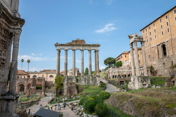 Panoramic view of temple of Vespasian and Titus is located in Rome