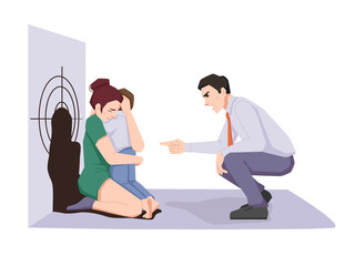 Afraid mother hugs crying baby, father punishing boy, yelling wife and son, family violence. Vector dad aggressor, cruel husband, punishment and mom defending child. Afraid victims and abusing man