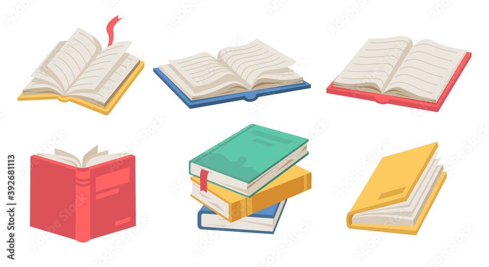 Poster Textbooks with bookmarks and pages, isolated icons of stack of open books. Literature for leisure and magazines for educational purposes. Catalogs and journals, diary for writing vector in flat