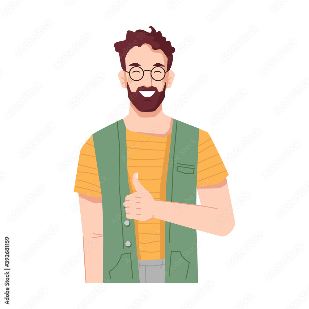 Poster bearded man smiling and showing thumbs up sign. guy with gesture meaning approval, okay and like. po