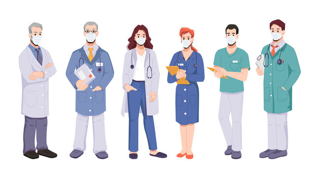 Doctors or surgeons team wearing uniform and protective masks. Coronavirus pandemic situation and fight against covid disease. General practitioners with documents. Cartoon character, vector in flat