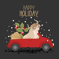 Happy New year greetings with a festive Bull, twigs and sweets. Vector illustration.  Winter holiday greeting card with
calligraphic and hand-drawn design elements.