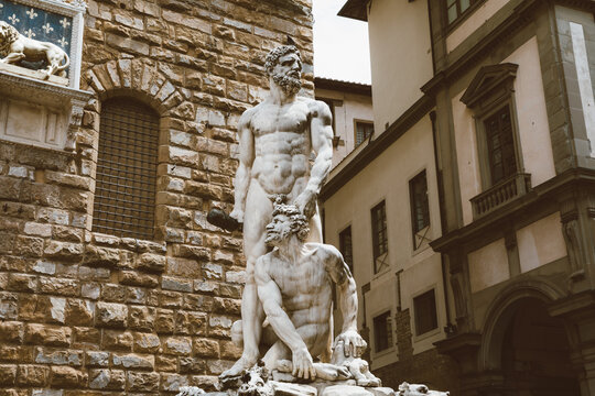 Closeup View Of Marble Sculpture Hercules And Cacus By Bartolommeo Bandinelli