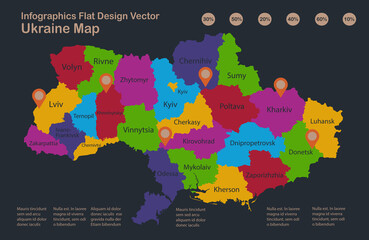 Obraz premium Infographics Ukraine map, flat design colors, with names of individual states, blue background with orange points vector