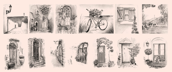 Vintage aquarelle painting of old city.