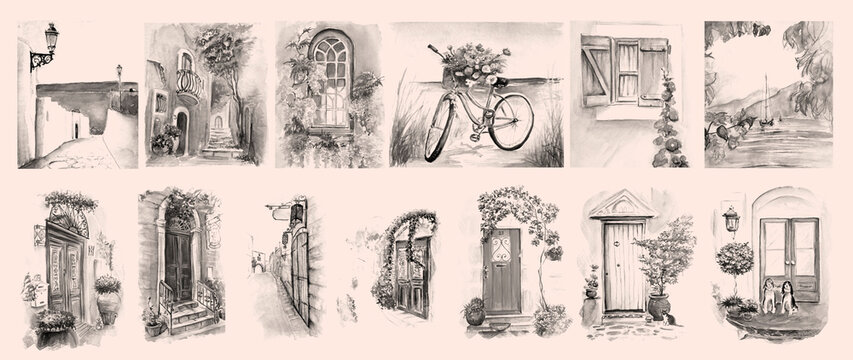 Fototapeta Vintage aquarelle painting of old city.