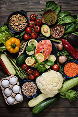 Healthy food for ketogenic diet concept on black background. Foods high in vitamins, minerals and antioxidants. Anti age Flat lay. fresh vegetables, herbs and spices. eco food delivery.