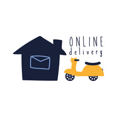 onflat delivery lettering campaign with house and motorcycle flat style