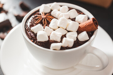 Hot chocolate drink in white cup with marshmallow, cinnamon stick, broken chocolate cubes and star anise, close-up view