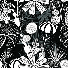 Floral background. Wildflowers, leaves, stems on a black background. Summer vector endless illustration.