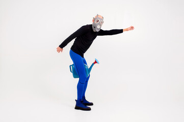Funny strange man in respirator posing over white background