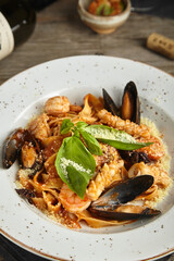 seafood pasta in a restaurant