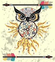 Boho style colored owl with tribal arrows. Bohemian tribal owl with a dream catcher. Totem owl