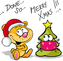 Merry covid Christmas with Cute Bear and Christmas Tree Decorated with Face Mask