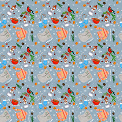 Symbols of a cozy winter and new year, a seamless pattern with bullfinches, snowman, tangerine, snowflakes, cones, spruce, tea, felt boots, mittens