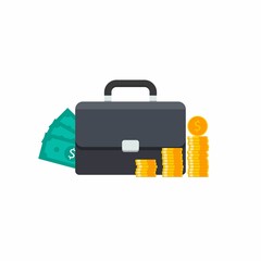 Briefcase, Dollar money cash icon, Gold coin stack White Background icon vector isolated.