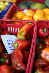 Peppers, oranges and melons. Fruit and vegetable market. Pollença, Mallorca. Spain
