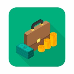 Briefcase, Dollar money cash icon, Gold coin stack right view icon vector isometric.