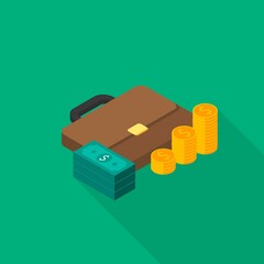 Briefcase, Dollar money cash icon, Gold coin stack right view icon vector isometric.