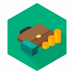 Briefcase, Dollar money cash icon, Gold coin stack right view icon vector isometric.