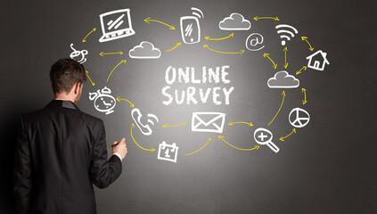 businessman drawing social media icons with ONLINE SURVEY inscription, new media concept