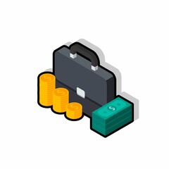 Briefcase, Dollar money cash icon, Gold coin stack left view Black Stroke and Shadow icon vector isometric.