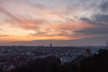 Naklejka premium Panoramic photo of Vilnius old town during sunset. Vilnius historic centre was declared Unesco heritage in 1994.