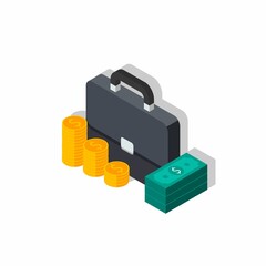 Briefcase, Dollar money cash icon, Gold coin stack left view Shadow icon vector isometric.