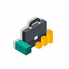 Briefcase, Dollar money cash icon, Gold coin stack right view Shadow icon vector isometric.