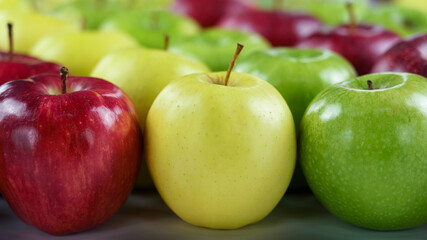 Grupo de manzanas de diferentes colores y variedades dispuestas en fila con desenfoque del fondo.