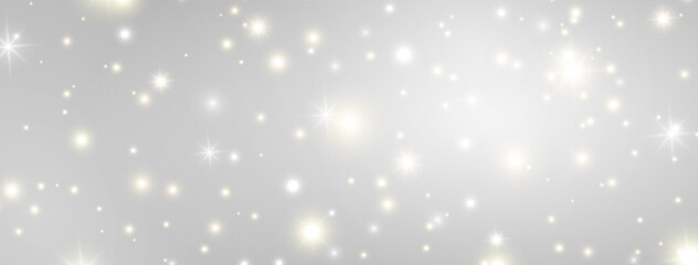 Glitter lights effect long banner. Magic dust particles. Christmas design. Bright golden and white sparkles on grey background. Shining stars composition. Sun flash. Vector illustration