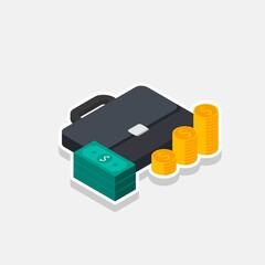 Briefcase, Dollar money cash icon, Gold coin stack right view White Stroke and Shadow icon vector isometric.