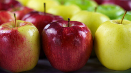 Grupo de manzanas de diferentes colores y variedades dispuestas en fila con desenfoque del fondo.