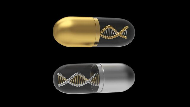 3D animation of gold and silver pills with dna spiral inside rotate isolated on black background. Alpha channel. 4K resolution.